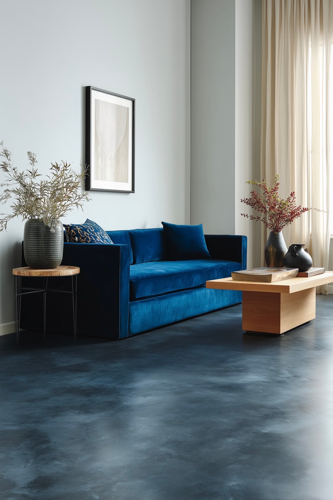 salon contemporain sol béton ciré bleu