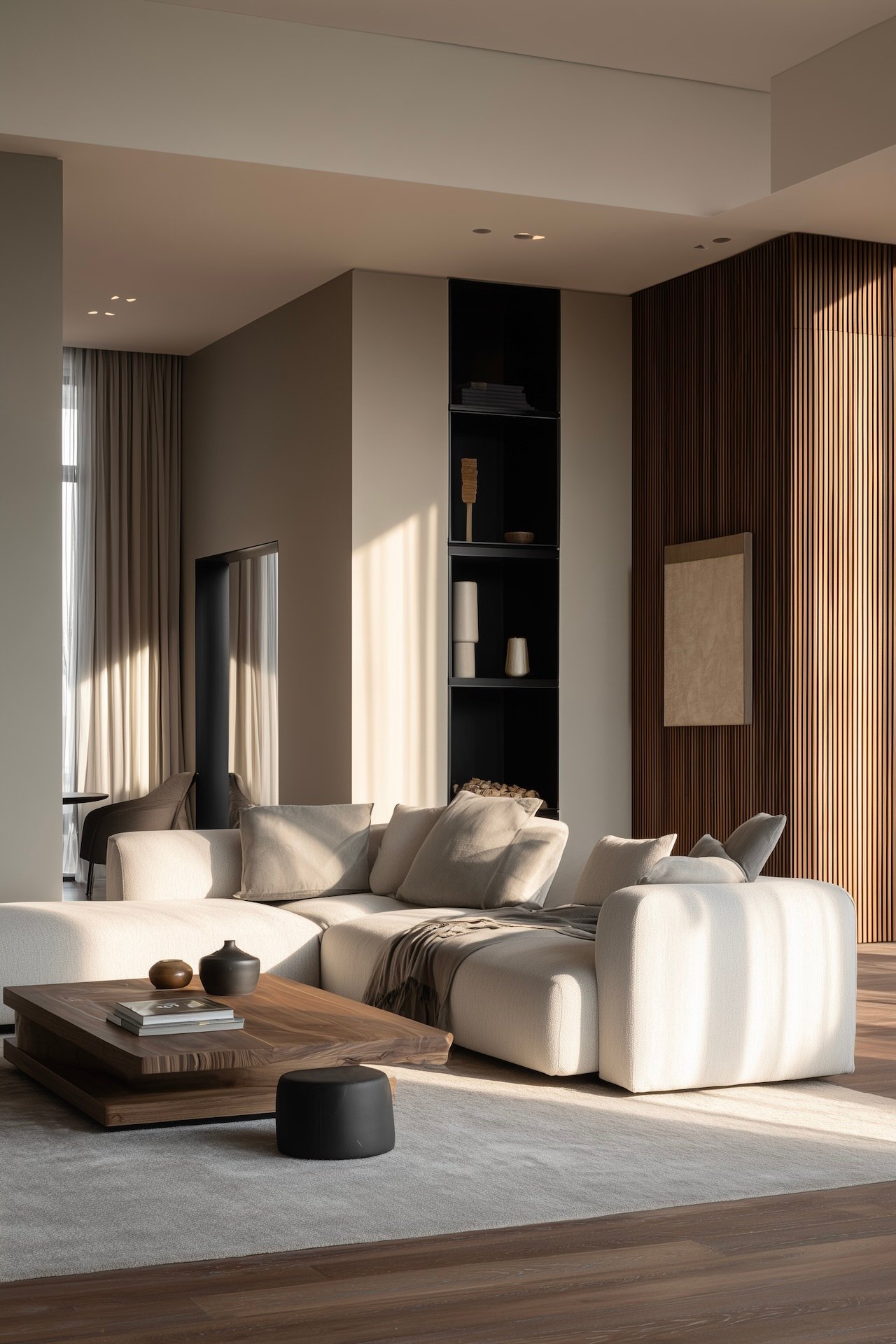 salon contemporain tons neutres canapé texture mur tasseaux bois