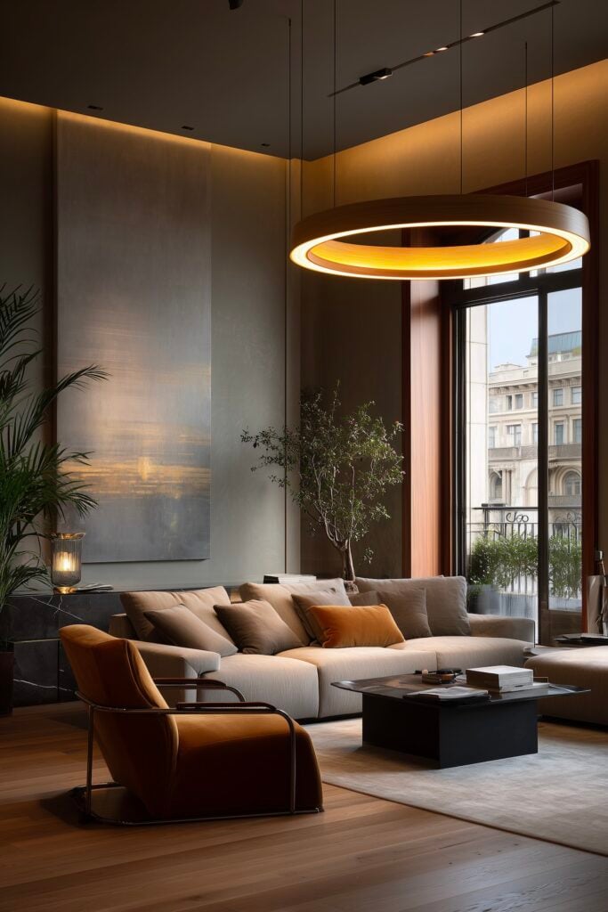 salon élégant plafond bas suspension circulaire lumière chaleureuse