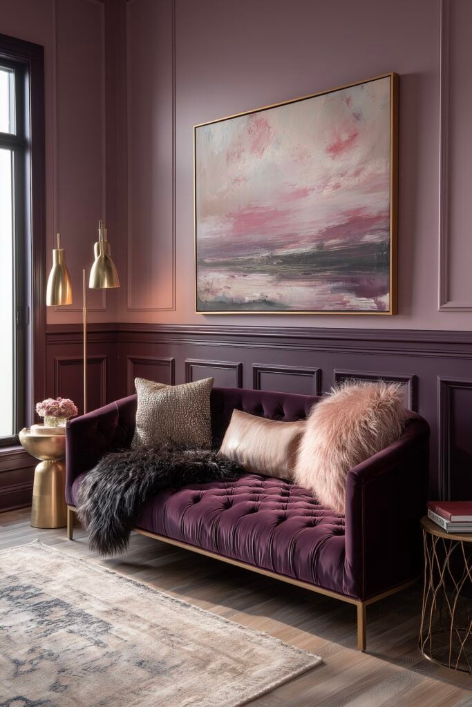 salon élégant prune velours moulures murales