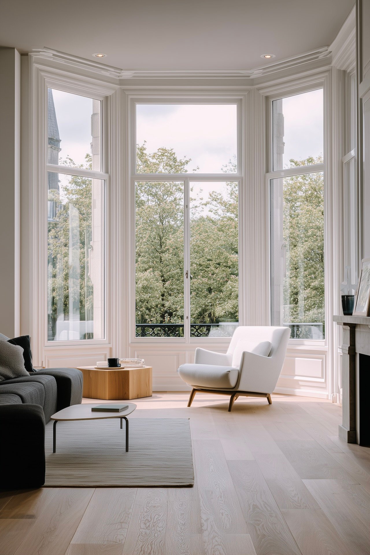 salon lumineux bow window parquet clair design