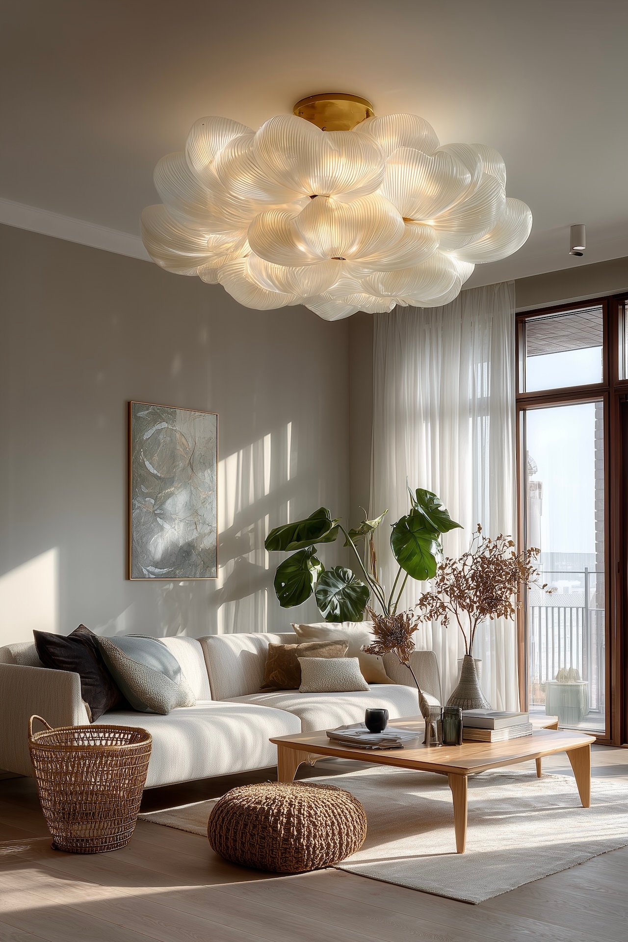 salon lumineux plafonnier sculptural effet nuage verrière cannelé