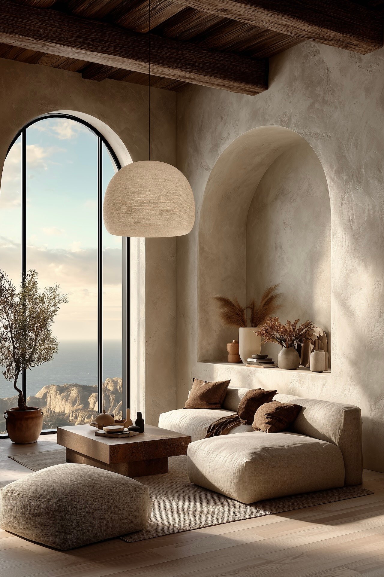 salon minimaliste chaleureux arches enduit naturel