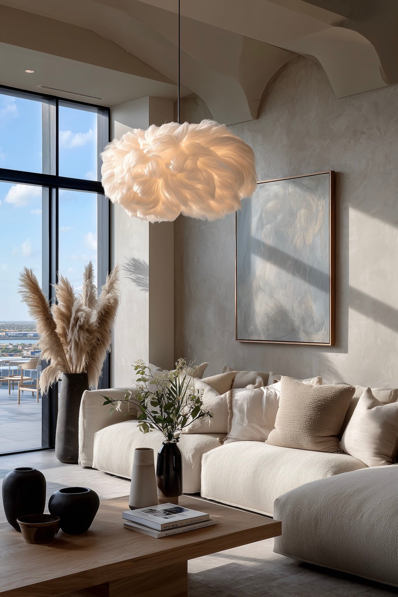 salon moderne lampe suspendu aérienne plumes