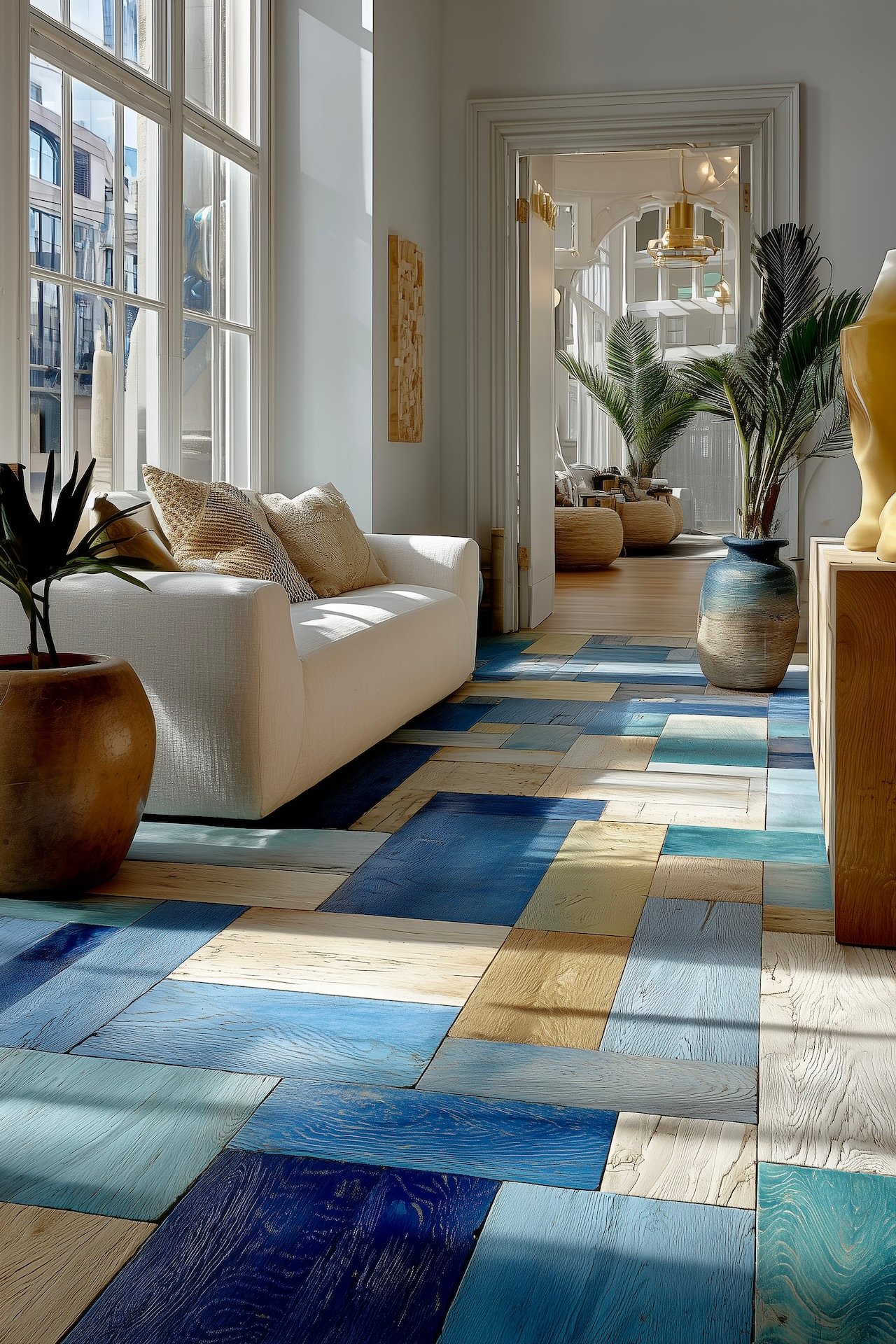 Salon lumineux avec canapé blanc et parquet peint patchwork bleu, beige et blanc, style éditorial