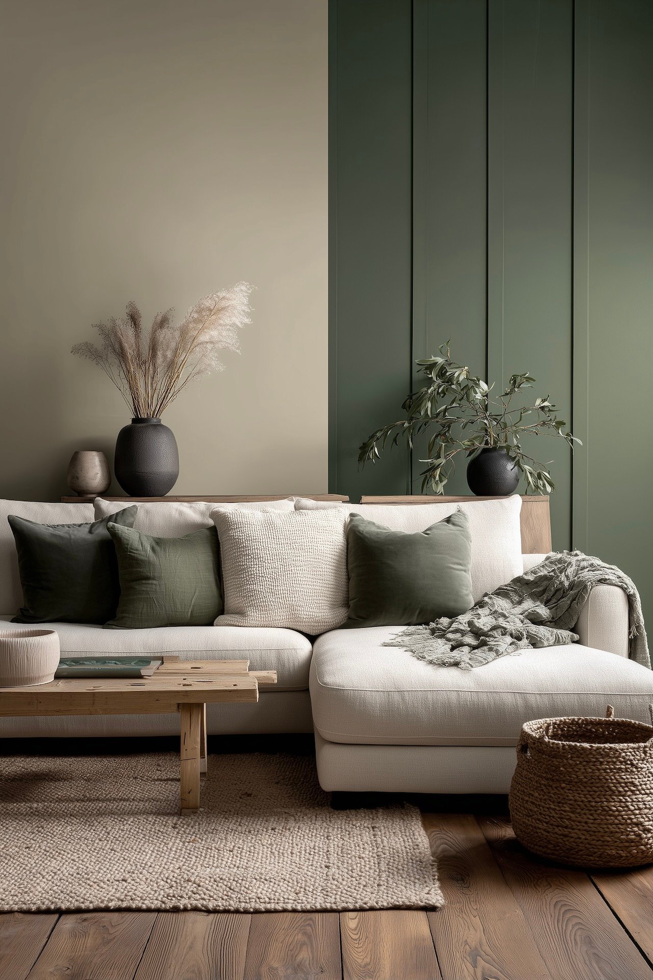 salon vert beige ambiance naturelle chaleureuse