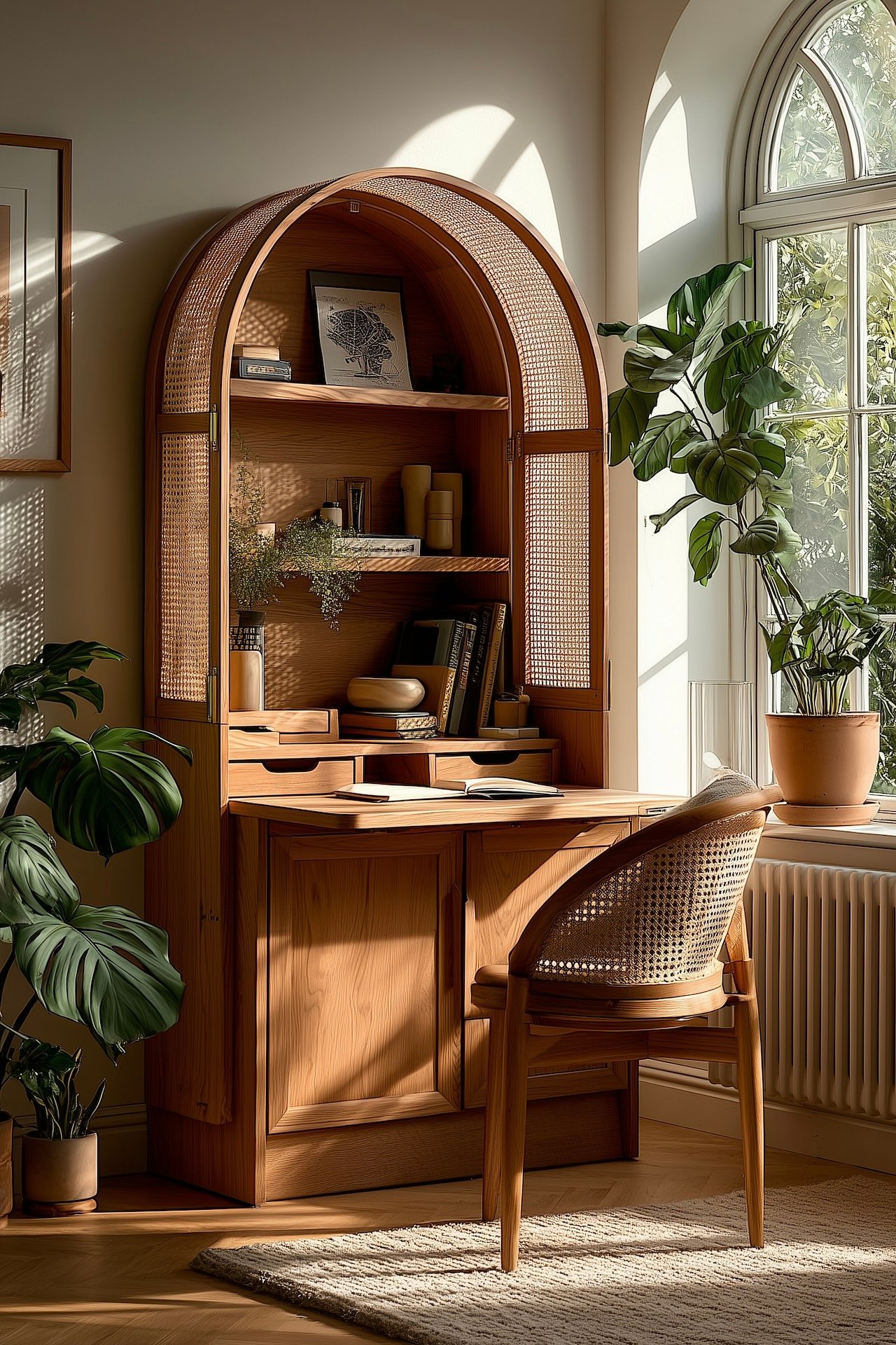 secrétaire bois arrondi cannage lumière naturelle