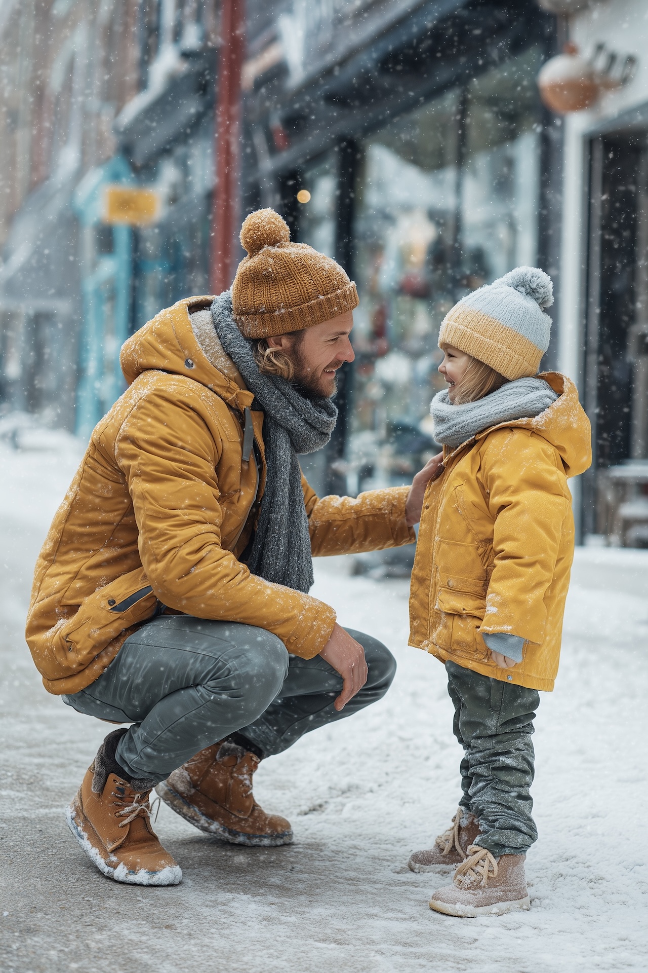 shooting papa enfant hiver neige ville