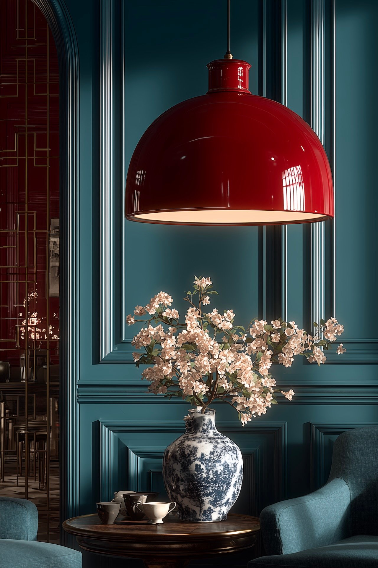 suspension rouge laqué design mur bleu moulures