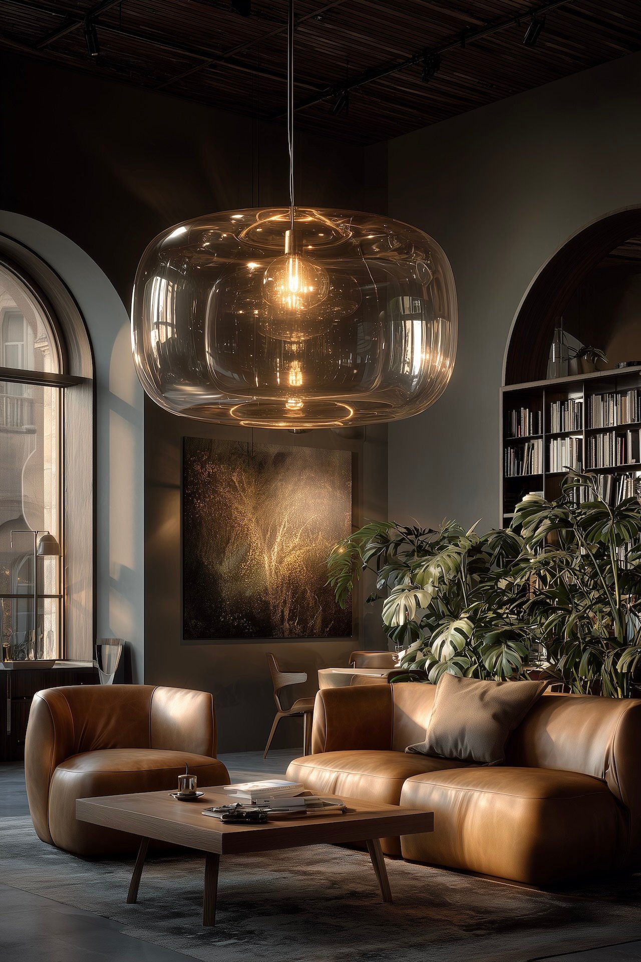 suspension verre ambré plafond bas salon luxe