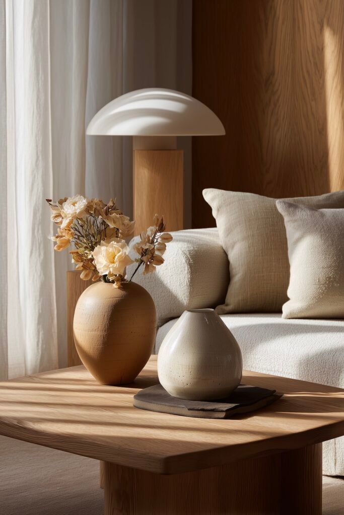 table basse japandi vases céramique naturels