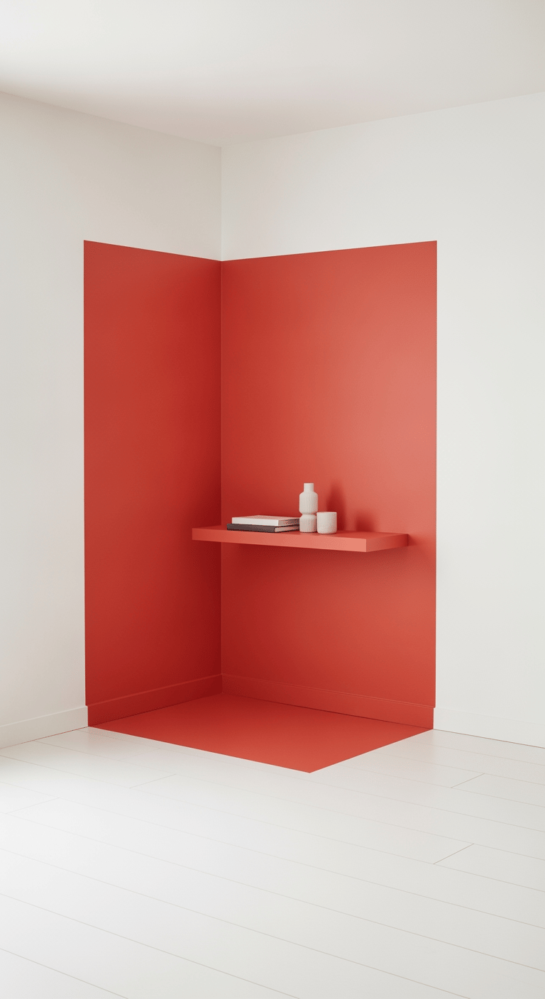 Un aplat de peinture couleur terracotta sur un mur de salon délimite visuellement un espace de travail avec une simple étagère.