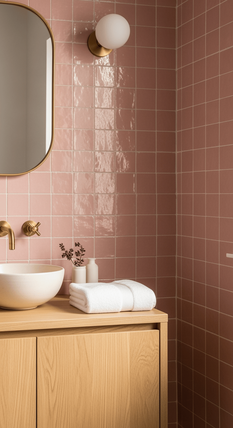 Un coin de salle de bain finalisé et élégant avec un mur de zellige rose, une vanité en bois clair et une robinetterie en laiton, évoquant un projet réussi.