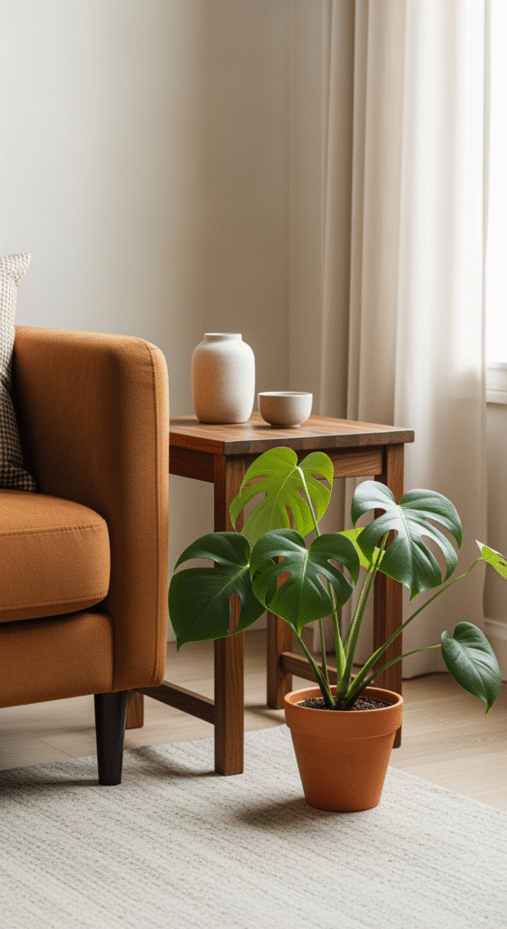 Un coin de salon serein combinant des matériaux durables : un canapé en tissu, une table en bois et une plante verte.