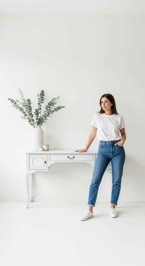 Un salon lumineux et propre avec une console vintage repeinte, illustrant un environnement de relooking sans poussière.