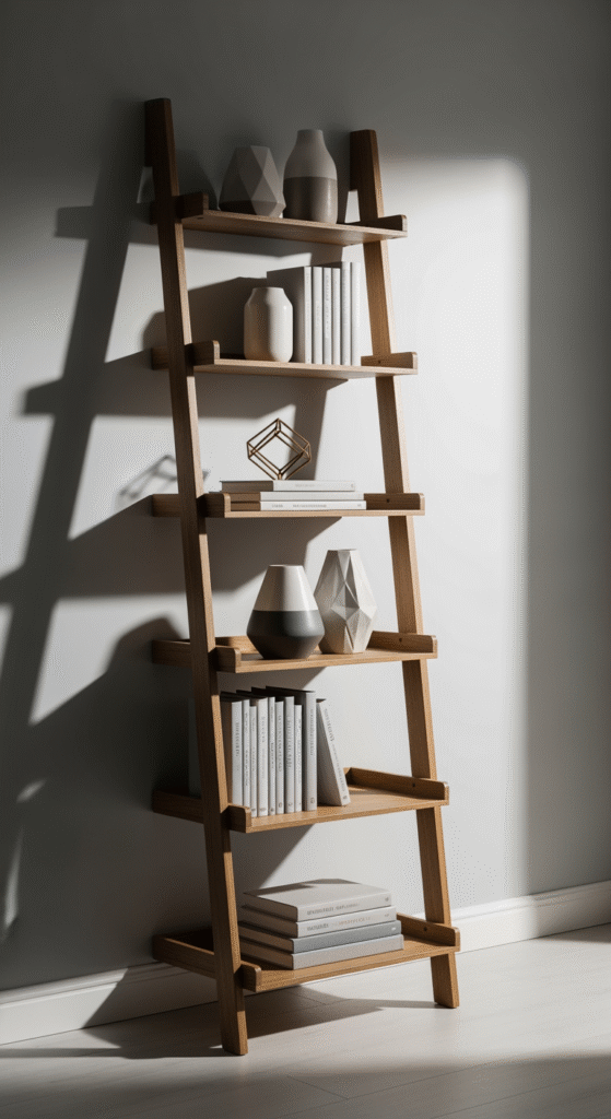 Une bibliothèque autoportante de style échelle en bois, posée contre un mur gris, avec des livres et des objets décoratifs minimalistes.