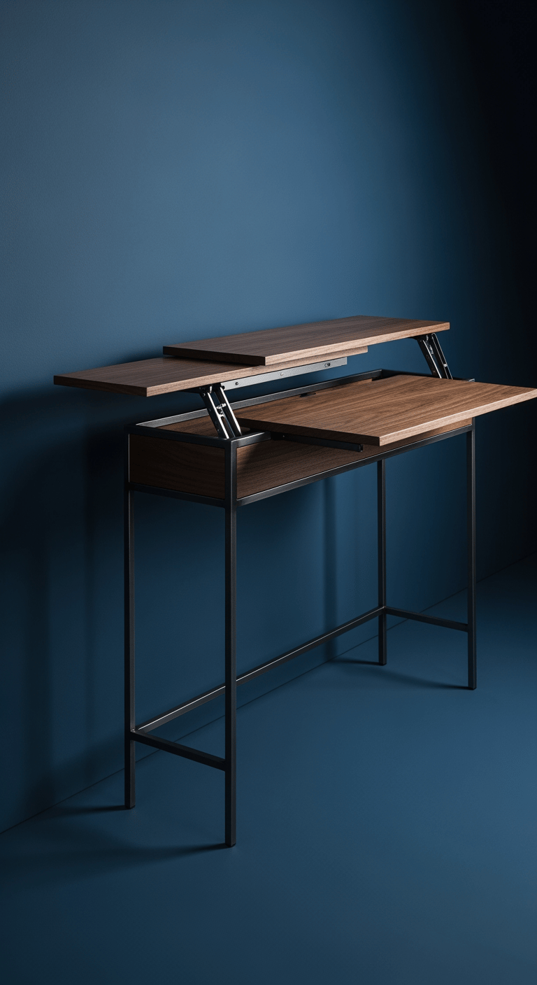 Une console extensible en bois foncé et métal, photographiée en cours de transformation pour révéler sa fonction de bureau.