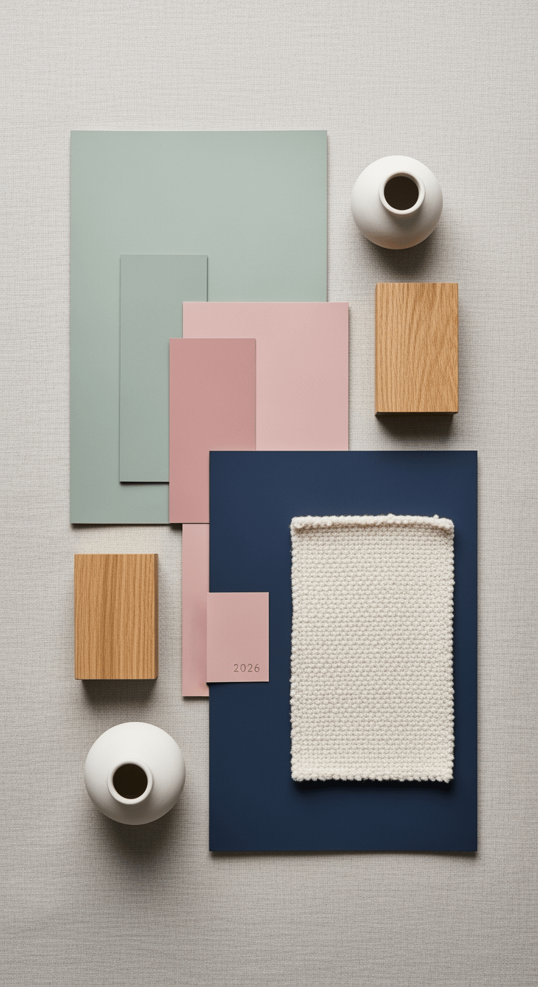 Une palette de couleurs tendance 2026 avec des échantillons de peinture vert sauge, rose poudré et bleu marine, accompagnés de textures comme le bois et le tissu.
