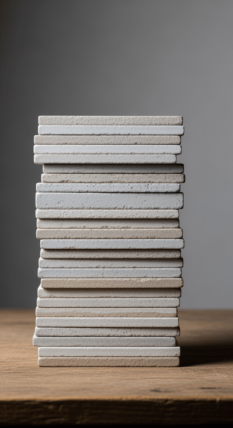 Une pile de carreaux de zellige non posés dans des tons de blanc et de beige, montrant leurs variations de couleur et de texture avant l'installation.