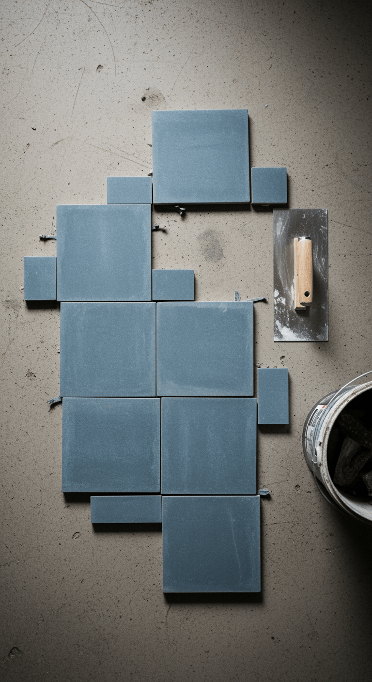 Vue de dessus de carreaux de zellige bleu-gris disposés au sol pour un calepinage, avec une truelle à côté, illustrant la préparation de la pose.