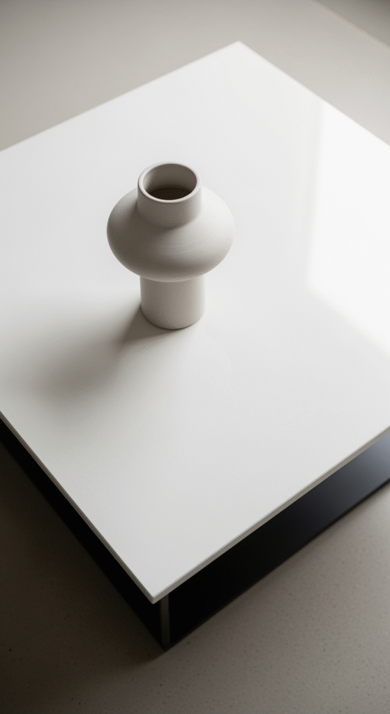 Vue de dessus d'une table basse avec un plateau en céramique résistant, montrant sa surface durable et épurée.