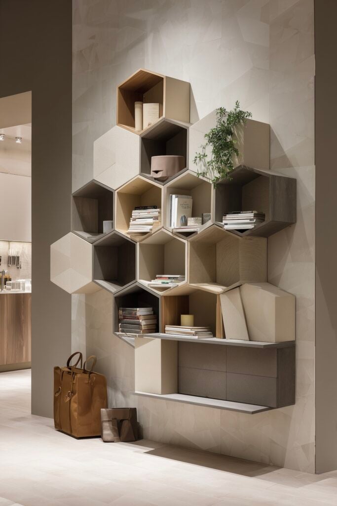 bibliothèque murale niche hexagonale rangement