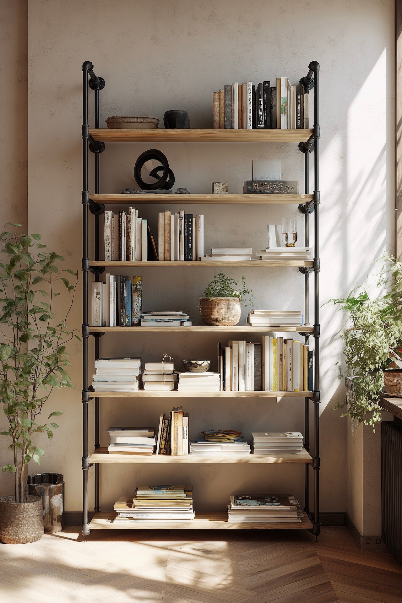 bibliothèque industrielle diy tubes acier métal plomberie