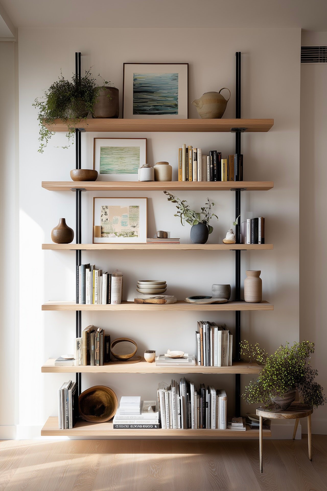 Bibliothèque murale bois clair montants métal noirs