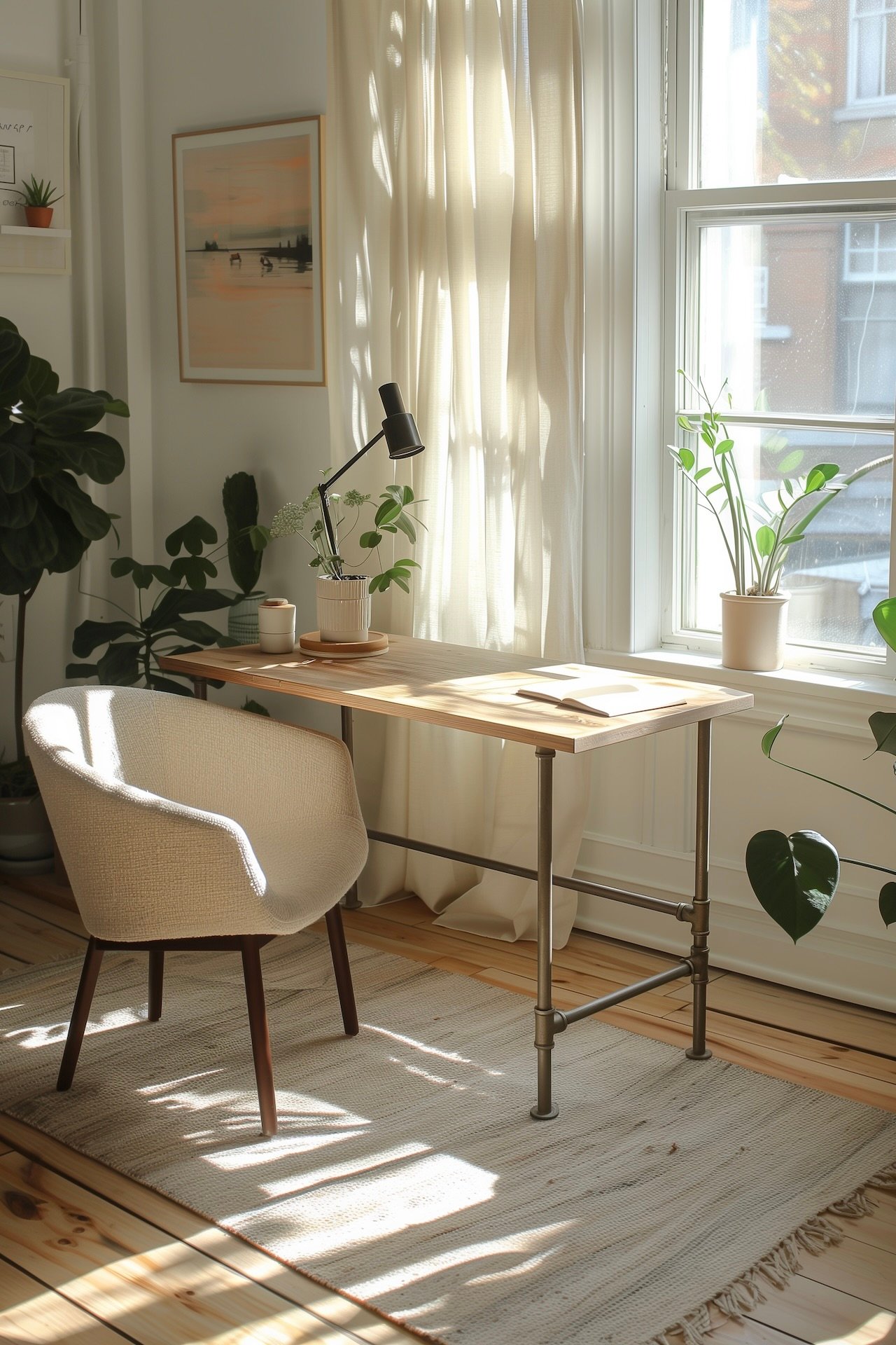 Bureau minimaliste lumineux avec plantes vertes