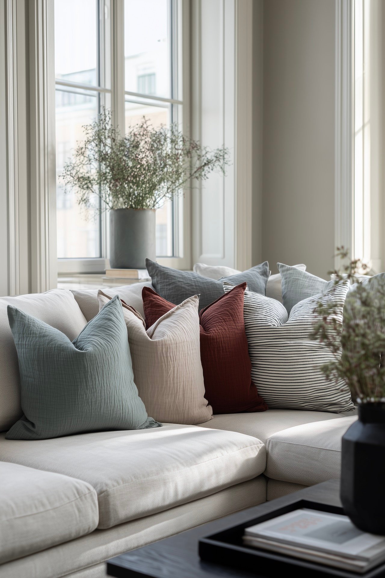 canapé angle blanc cassé coussin terracotta bleu