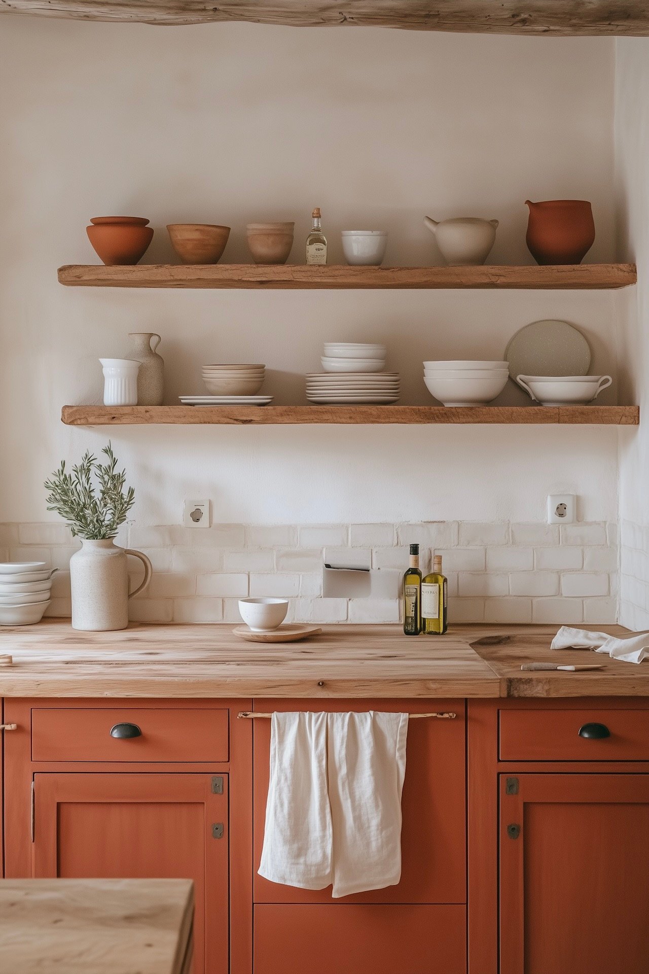 cottage intérieur rouge brique terracotta bois brut style campagne