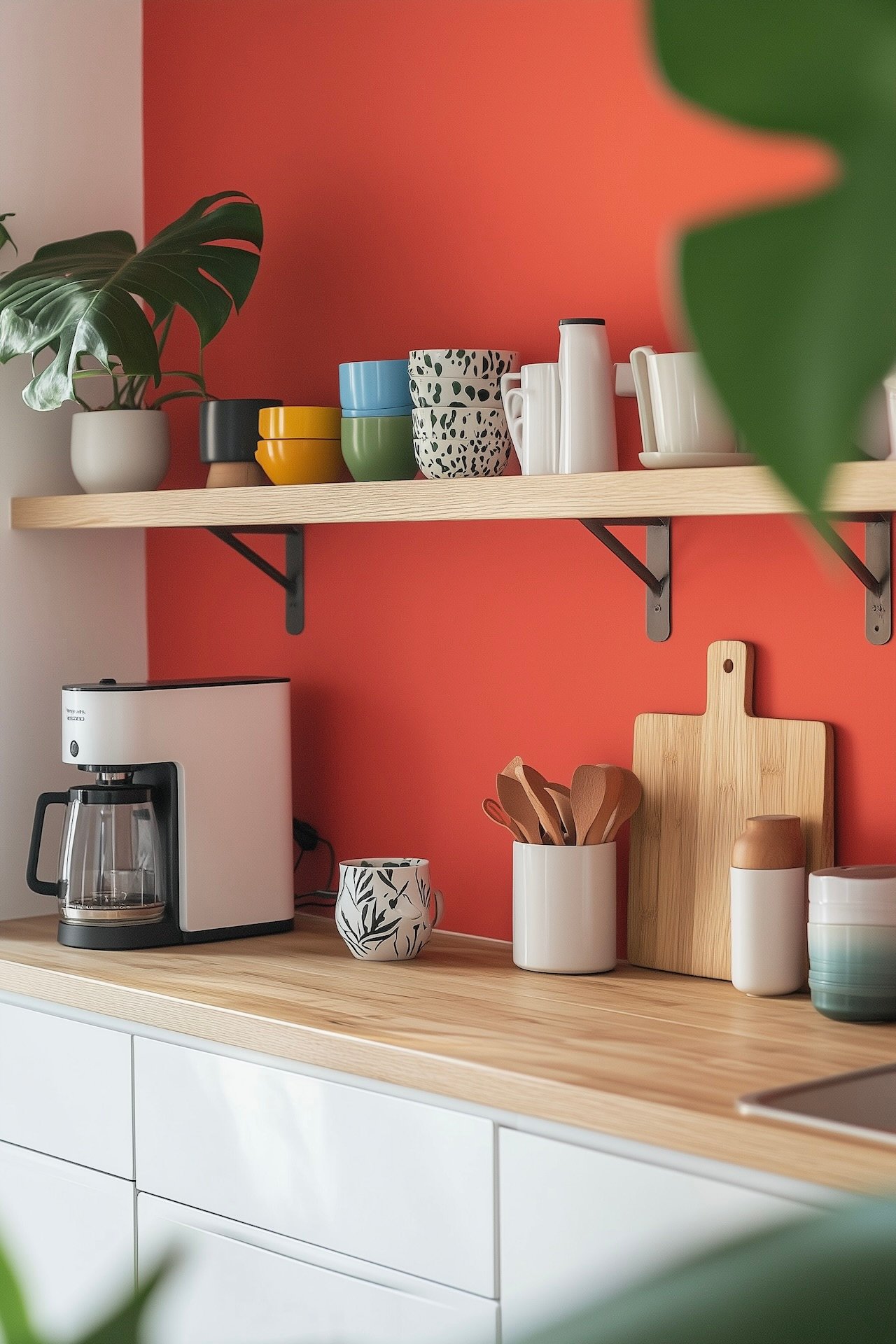 Petite cuisine parisienne avec meubles blancs sans poignées, mur d'accent peint en rouge corail, étagère ouverte en bois clair avec bols colorés et monstera en pot, plan de travail en bois, cafetière et ustensiles en bois sur le comptoir