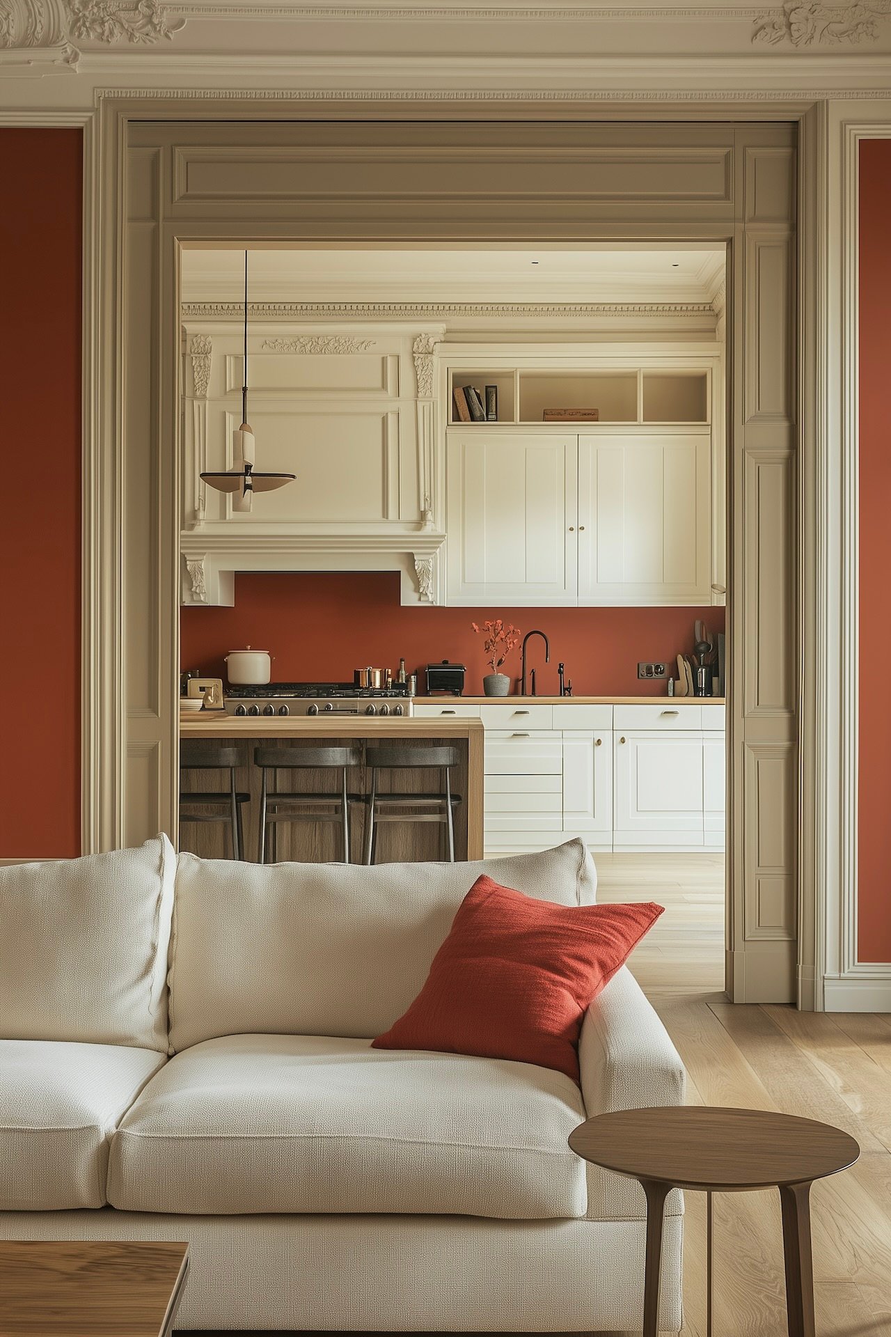 Vue depuis le salon d'un appartement haussmannien avec moulures, canapé beige et coussin rouge brique au premier plan, cuisine blanche visible en arrière-plan avec crédence rouge assortie aux murs, parquet chêne clair et suspension design