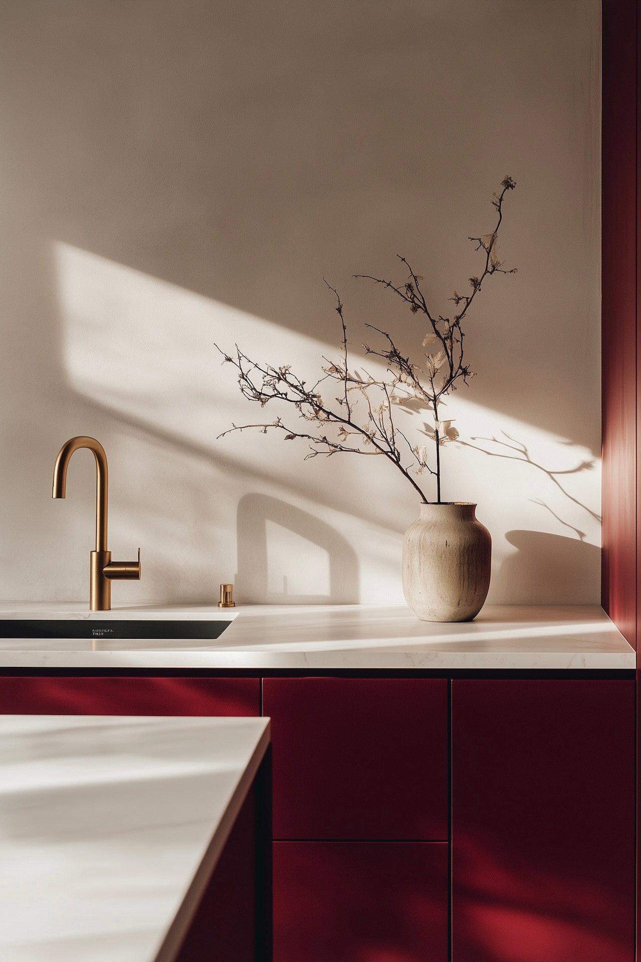 cuisine rouge carmin minimaliste vase céramique lumière naturelle