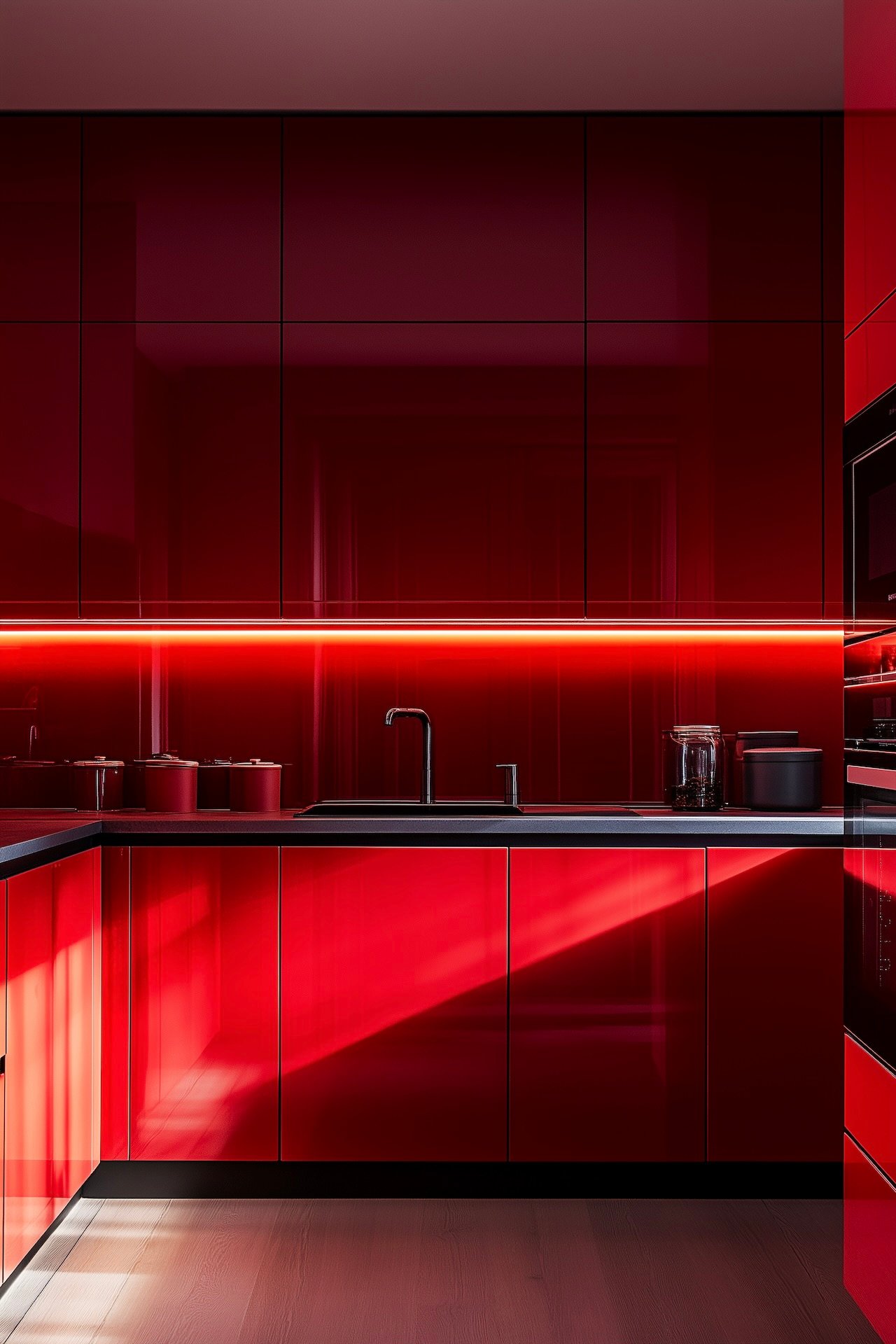 cuisine rouge laqué brillante éclairage led reflets lumière