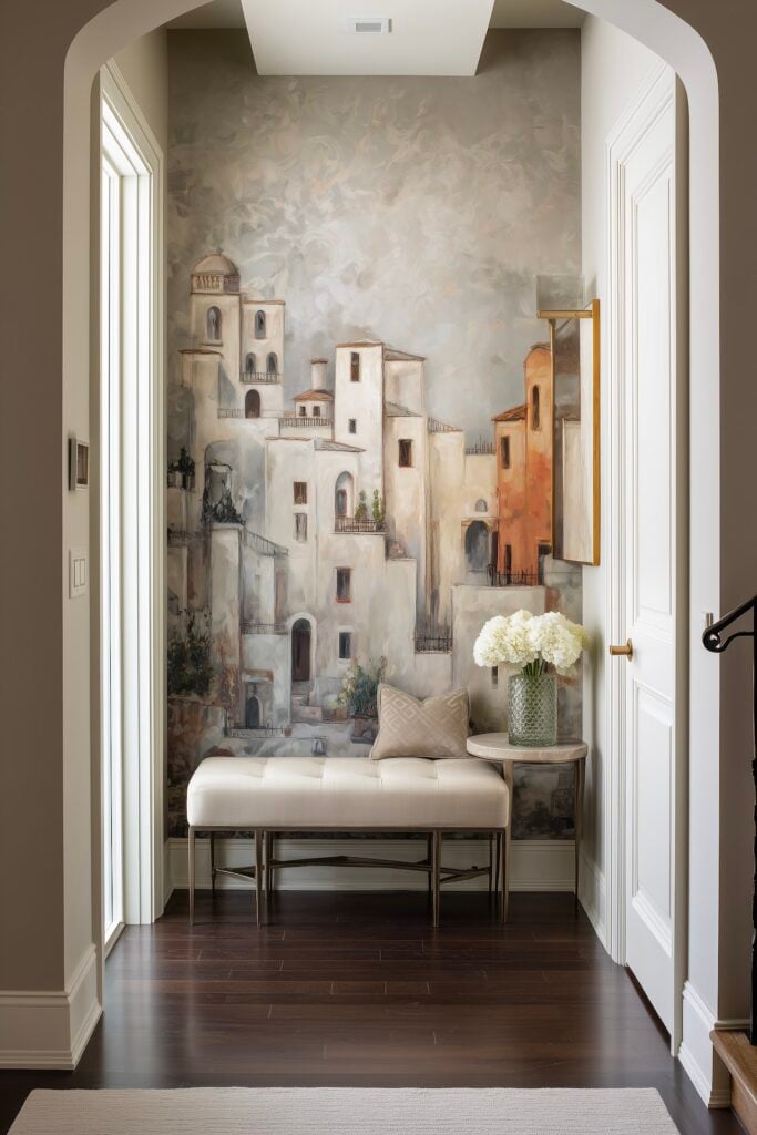 décoration couloir peinture village tableau trompe l'oeil