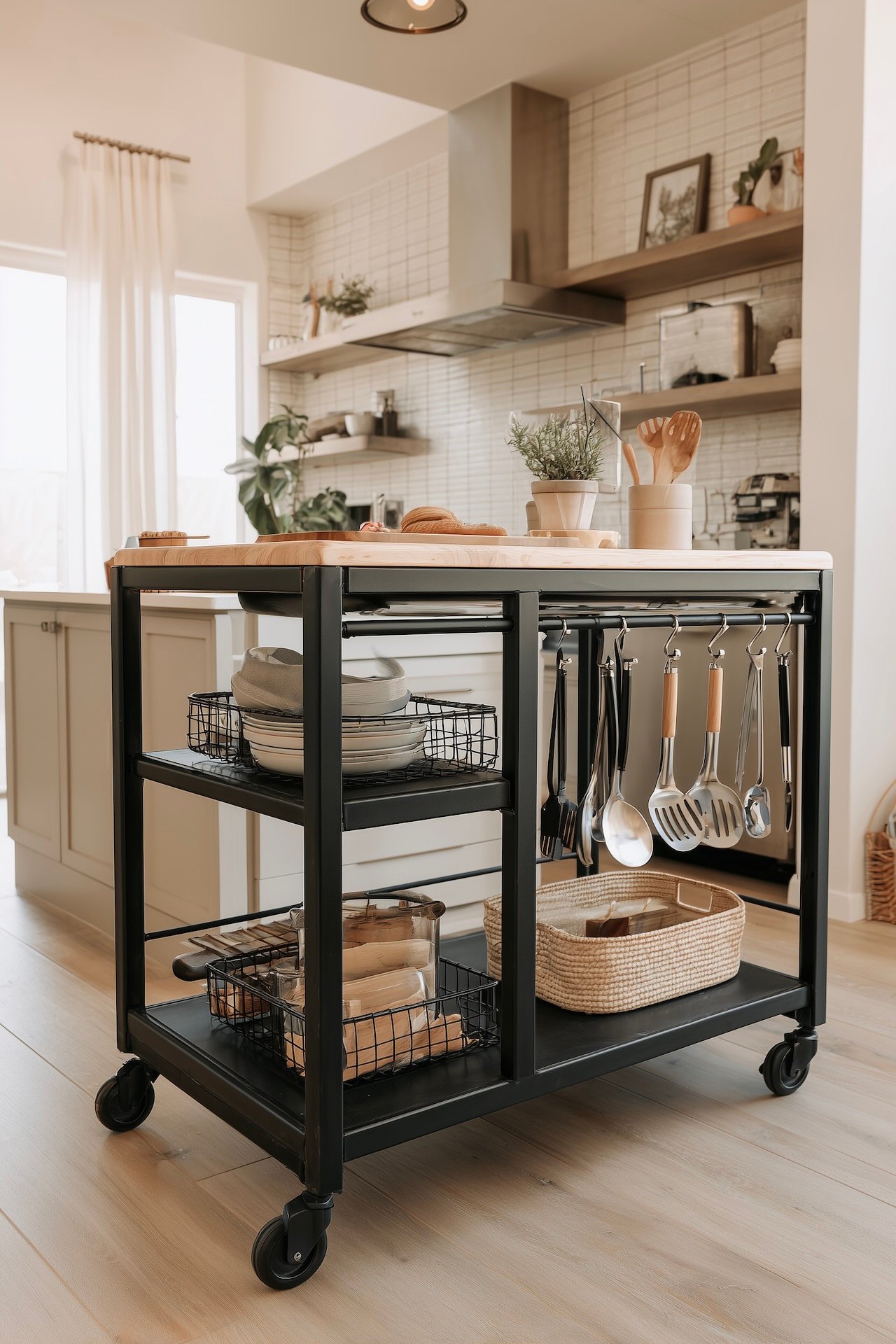 Desserte cuisine industrielle bois métal sur roulettes