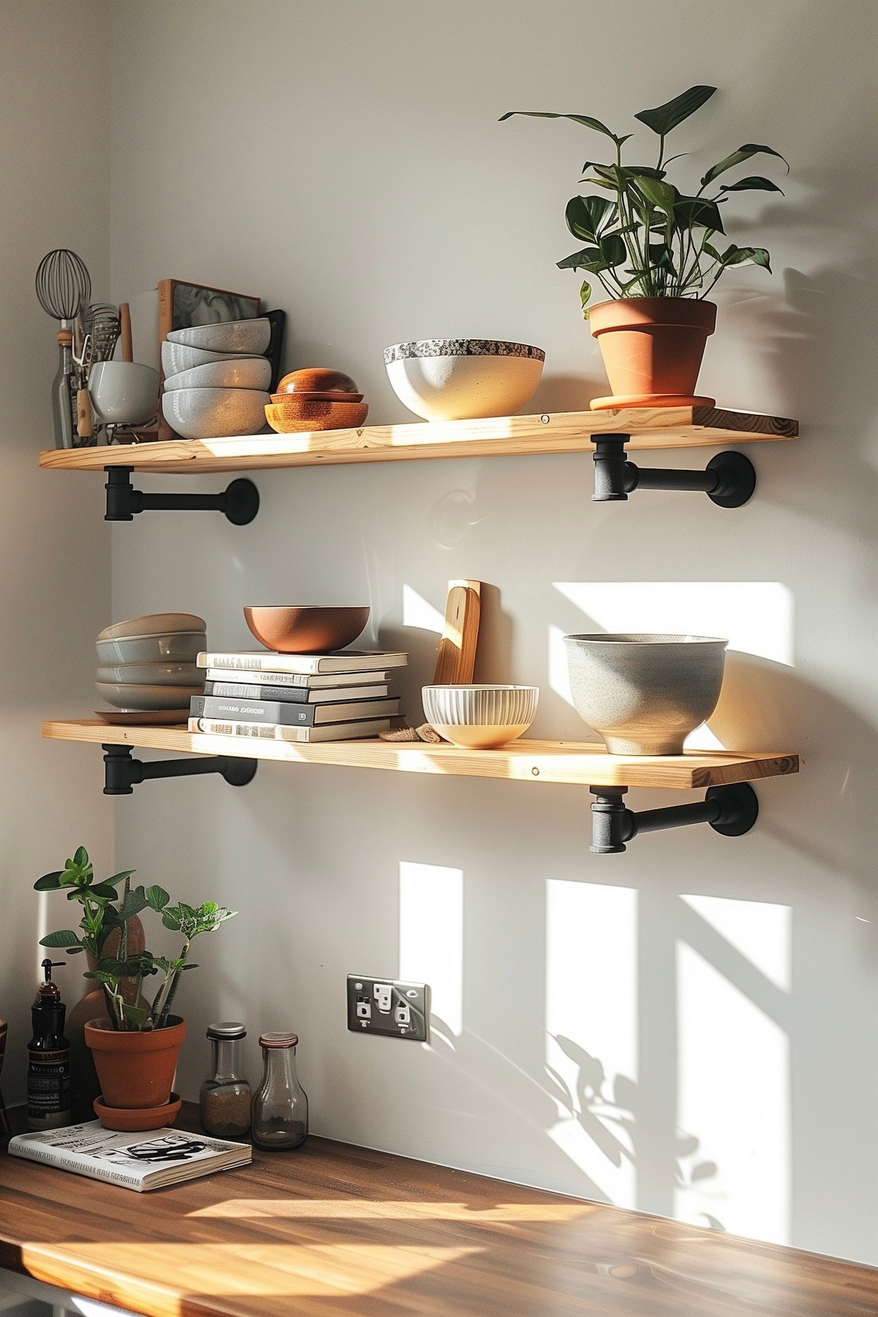 étagères murales cuisine bois métal noir