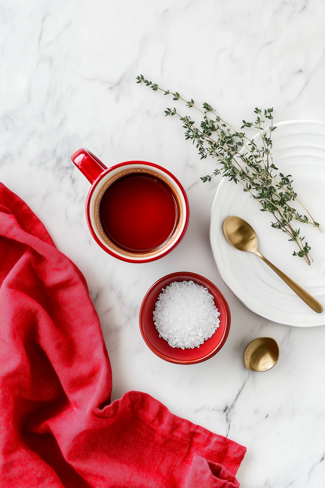 flat lay accessoires cuisine rouge blanc marbre thym laiton