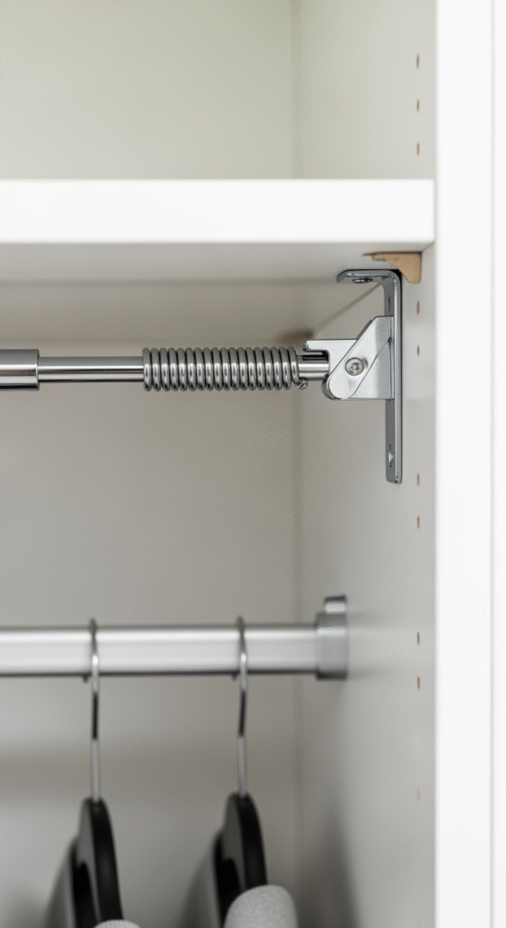 Gros plan sur une tringle télescopique à tension installée dans une penderie pour créer un deuxième niveau de rangement vertical.