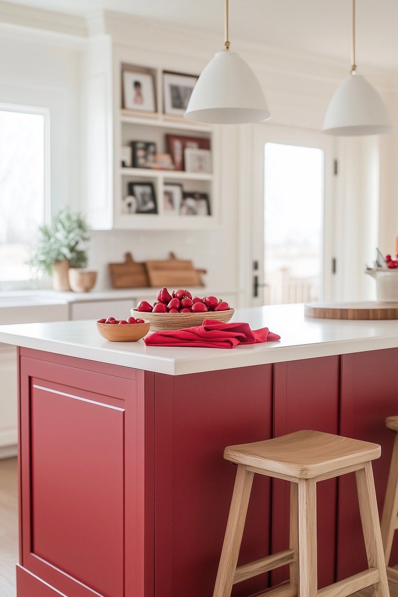 Cuisine lumineuse avec îlot central rouge mat comme pièce maîtresse, plan de travail blanc, trio de suspensions blanches, tabouret en chêne clair, coupe de fruits rouges et torchon rouge posés sur l'îlot, étagères avec cadres photos en arrière-plan