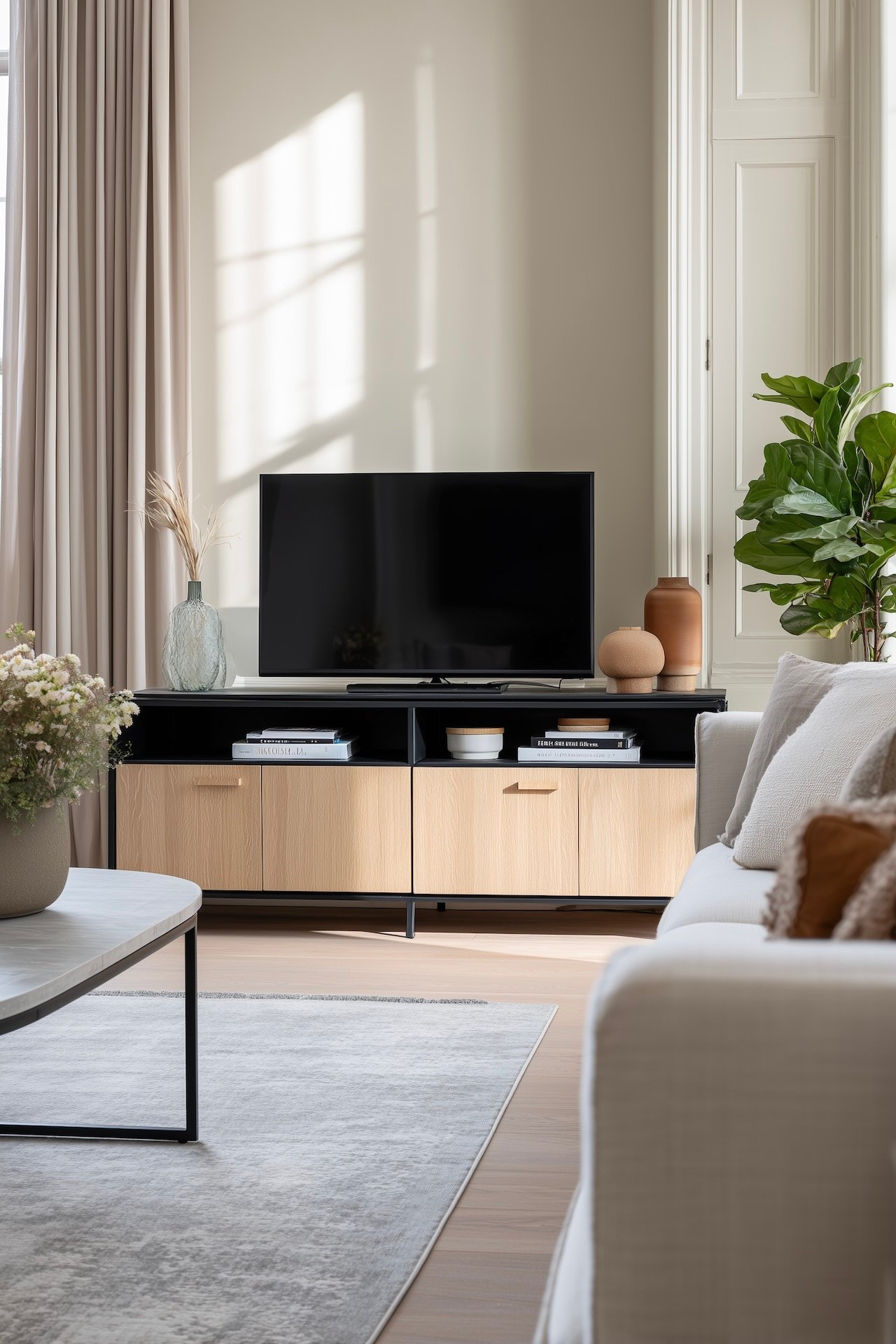 Meuble TV bois clair structure métal noir