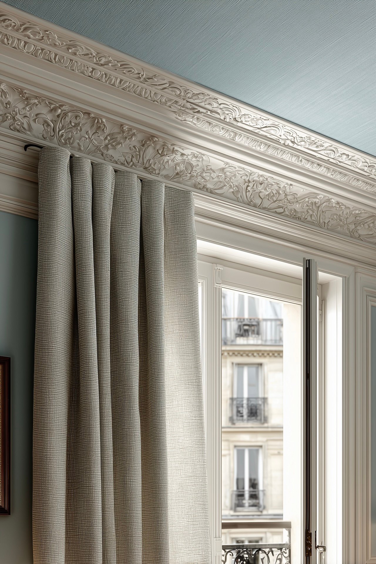 rideaux pleine hauteur soulignant moulures plafond haussmannien