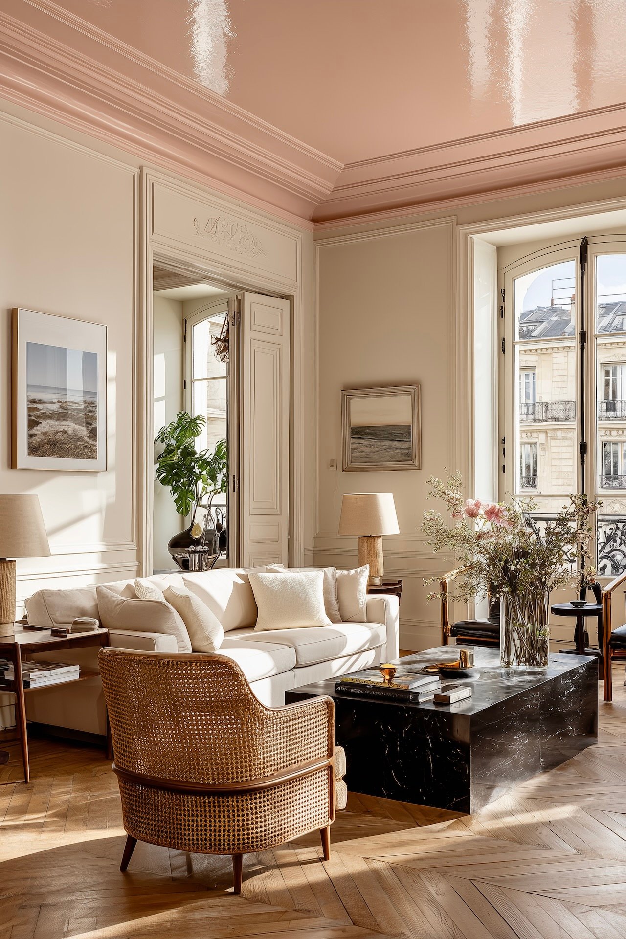 Salon haussmannien plafond bas peint brillant