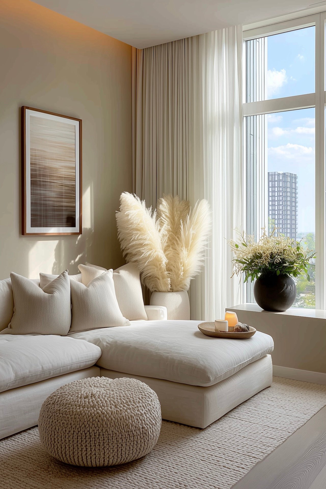 Salon lumineux beige avec rideaux hauteur plafond