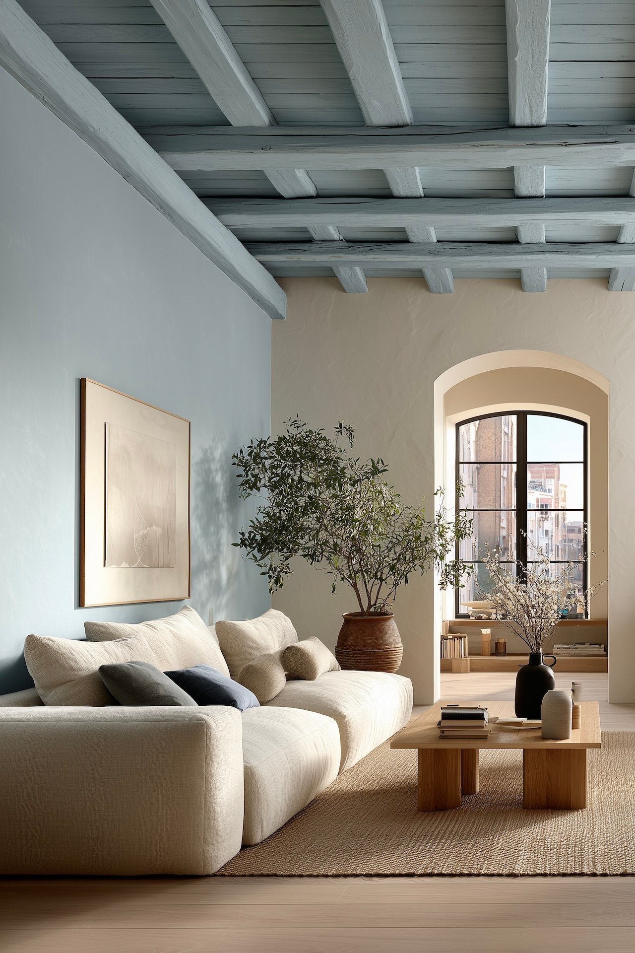 salon lumineux plafond bleu poutres peintes élégantes