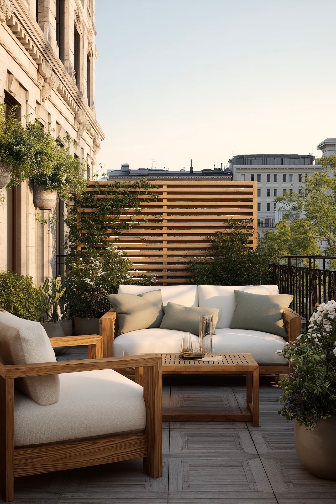 Terrasse haussmannienne claustra bois brise vue