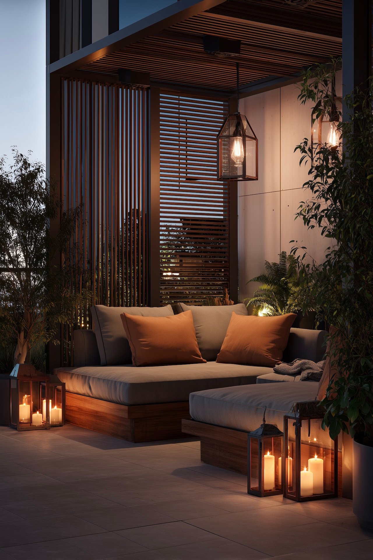 Terrasse intime panneaux bois verticaux occultation