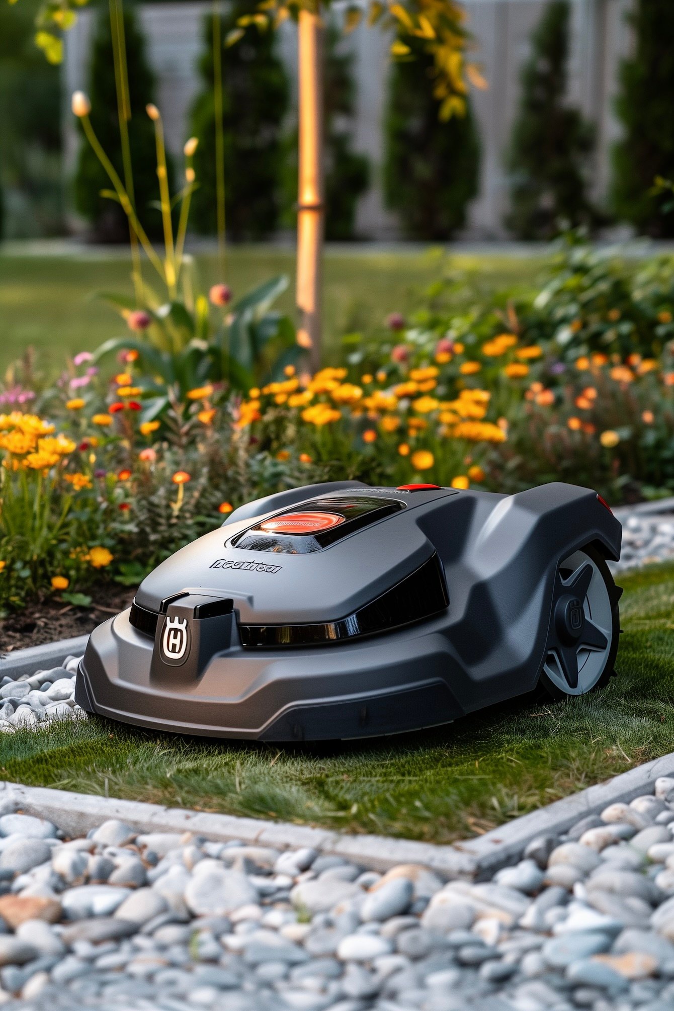 test robots tondeuses modernes bordure massif fleurs