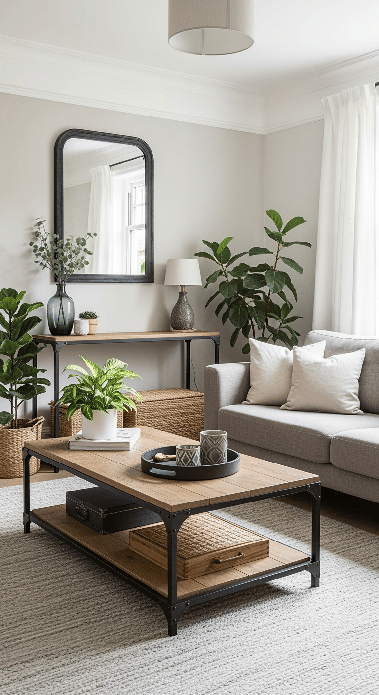 Un salon transformé avec plusieurs meubles industriels DIY intégrés dans un décor moderne et chaleureux.